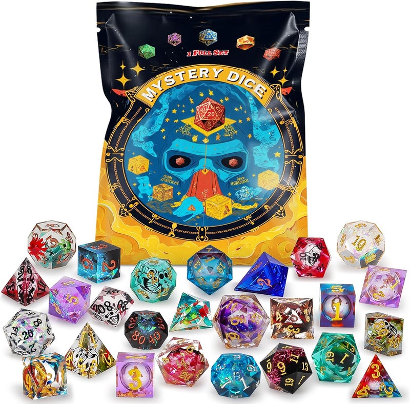 QMAY Resin Mystery Dice Set, 7 Pcs Handmade Sharp Edge Polyhedral Dice, Random Various Styles DND Dice & Dice Bag, DND Gifts, Suitable for Dungeons and Dragons, RPG, MTG,Role Playing Table Game - Image 1